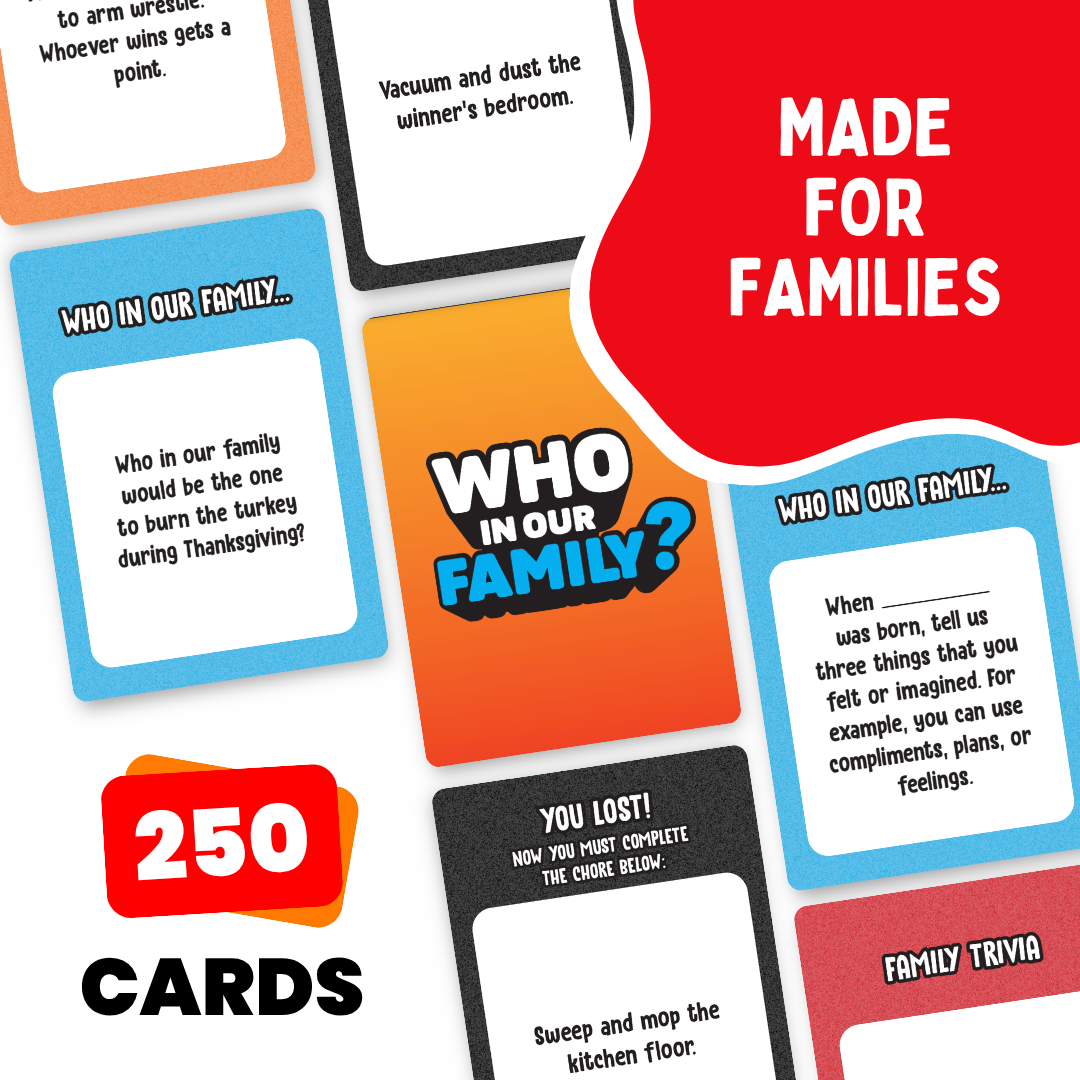 Who Our Family? – Hilarious Family Party Game | Trivia, “Most Likely To” & Head-to-Head Challenges | Fun Family Game Night Card Game for Kids, Teens & Adults