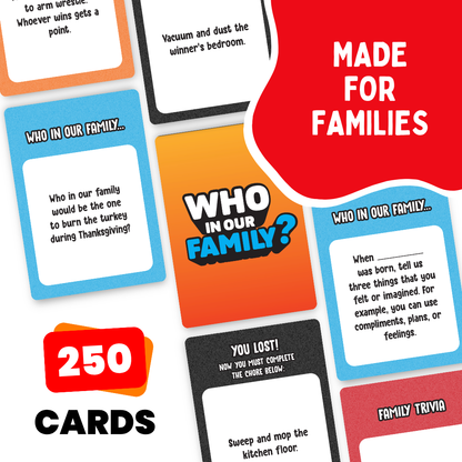 Who Our Family? – Hilarious Family Party Game | Trivia, “Most Likely To” & Head-to-Head Challenges | Fun Family Game Night Card Game for Kids, Teens & Adults