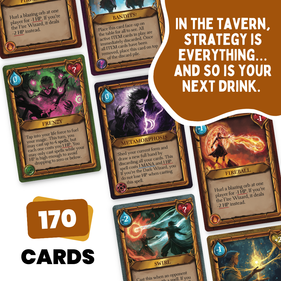 Wizards Tavern Strategy Drinking Card Game for Adults 21+ – Chaotic Fantasy Party Game with Spells, Dice & Coasters | 2–8 Players, 170 Cards