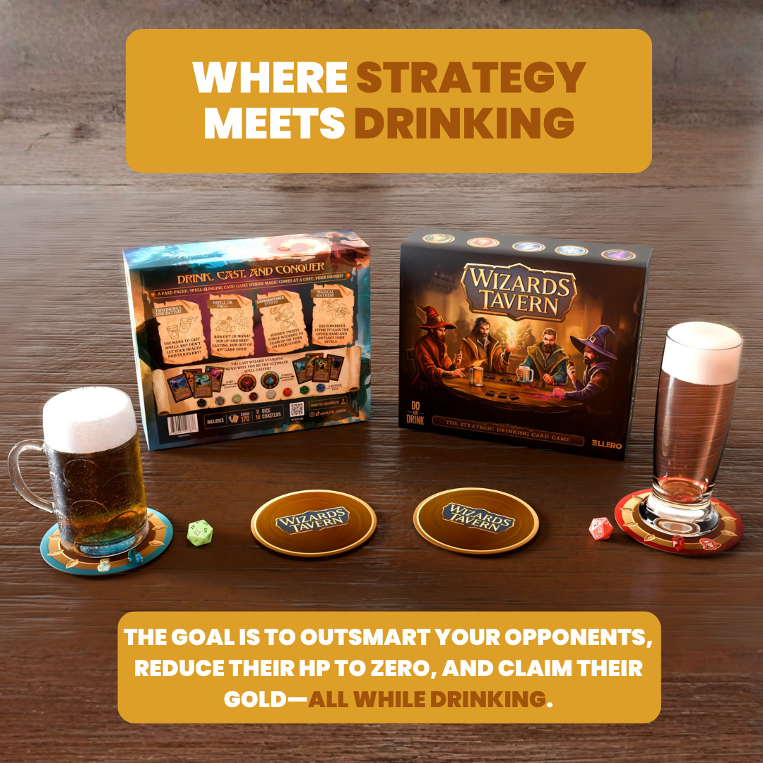 Wizards Tavern Strategy Drinking Card Game for Adults 21+ – Chaotic Fantasy Party Game with Spells, Dice & Coasters | 2–8 Players, 170 Cards