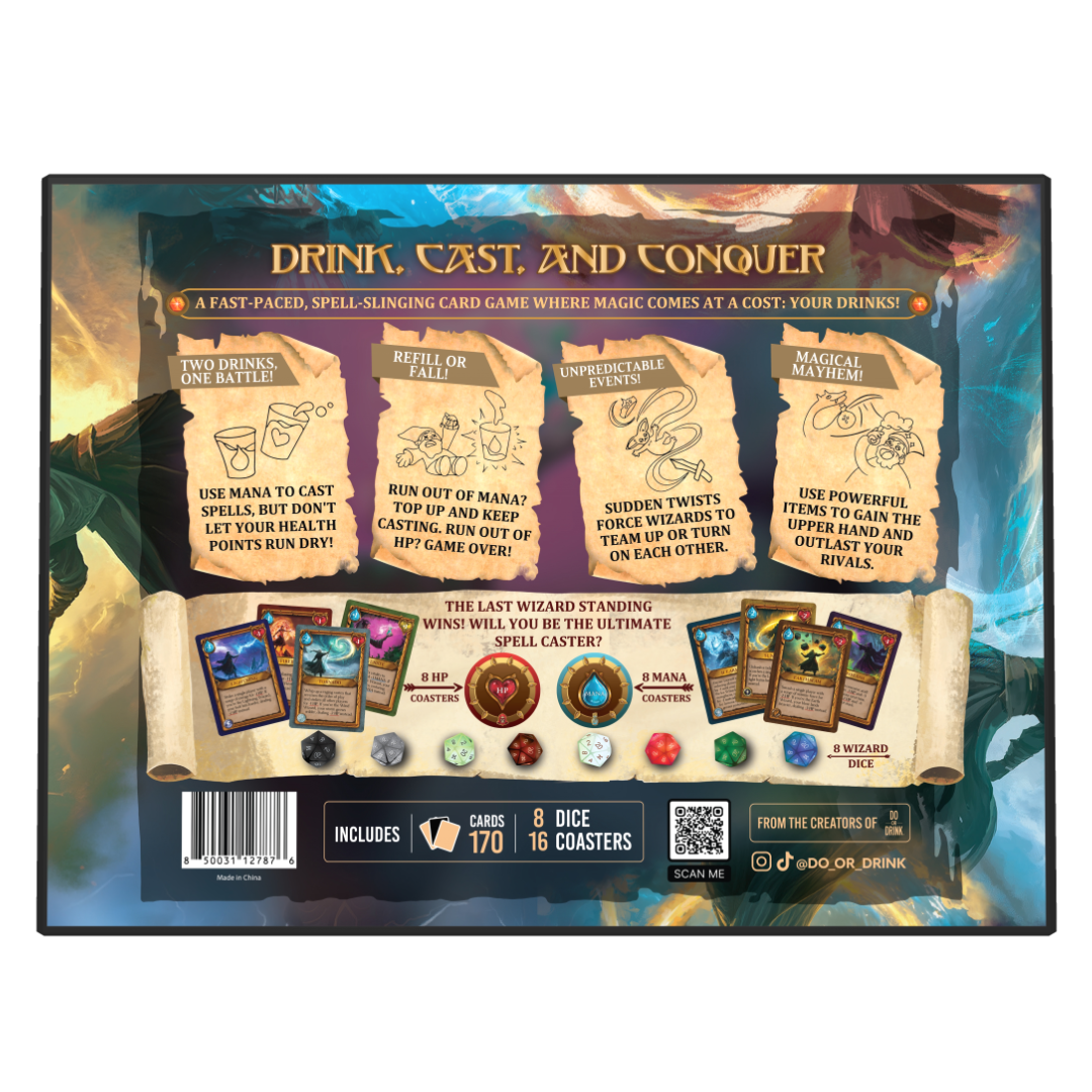 Wizards Tavern Strategy Drinking Card Game for Adults 21+ – Chaotic Fantasy Party Game with Spells, Dice & Coasters | 2–8 Players, 170 Cards