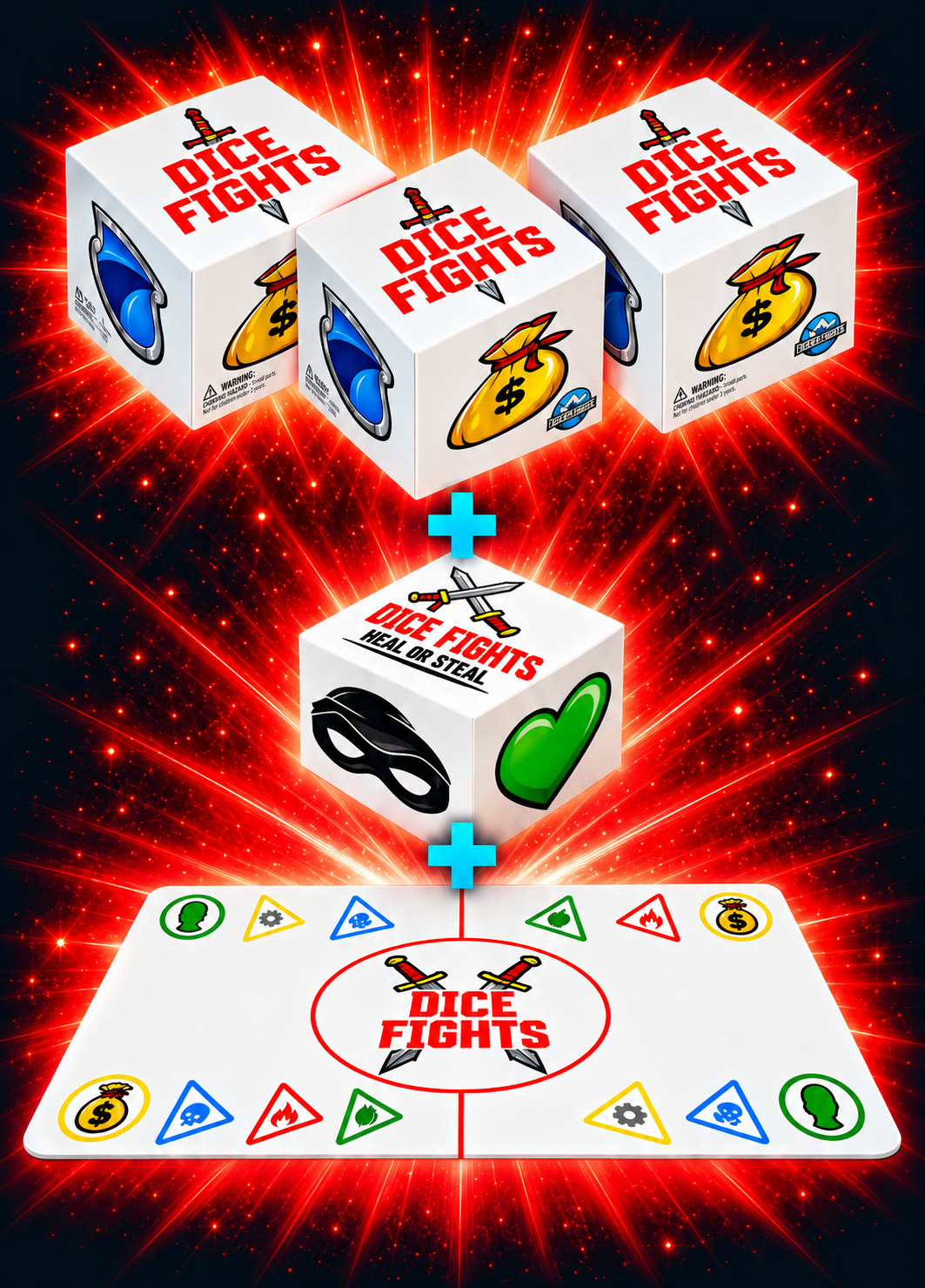 Three Dice Fights base games plus one Heal or Steal expansion and one playmat with red glowing artwork